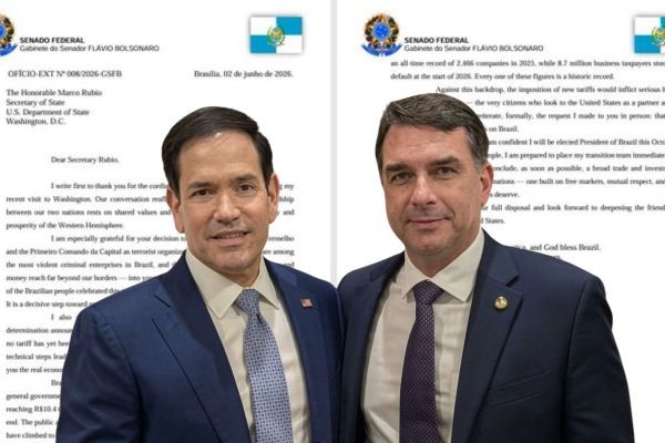 Flávio Bolsonaro enviou carta a Marco Rubio pedindo para que não seja aplicado de novo tarifaço ao Brasil